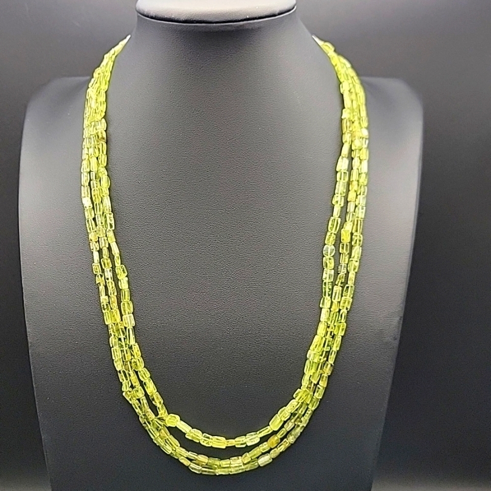 Square Tube 3 Strand 205 Cts Green Prehnite Beaded Natural Gemstone Necklace NEW